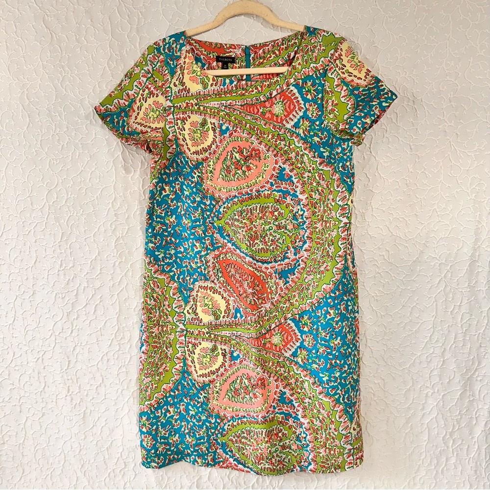 Talbots Dress Size 10 Paisley Silk Shift Square Neck Zip Back Blue Lightweight